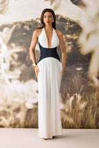 Sylvia Deep V Neck Denim Corset Maxi Dress — VELOU