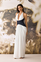 Sylvia Deep V Neck Denim Corset Maxi Dress — VELOU