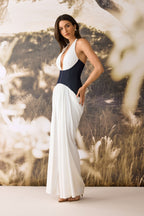Sylvia Deep V Neck Denim Corset Maxi Dress — VELOU