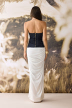 Sylvia Deep V Neck Denim Corset Maxi Dress — VELOU