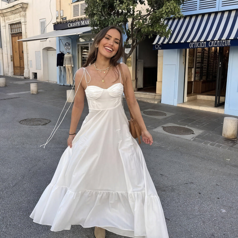 Vestido Blanco Bustier – Falda De Volantes Fluida — VELOU