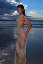Selene Metallic Backless Knit Maxi Dress — VELOU
