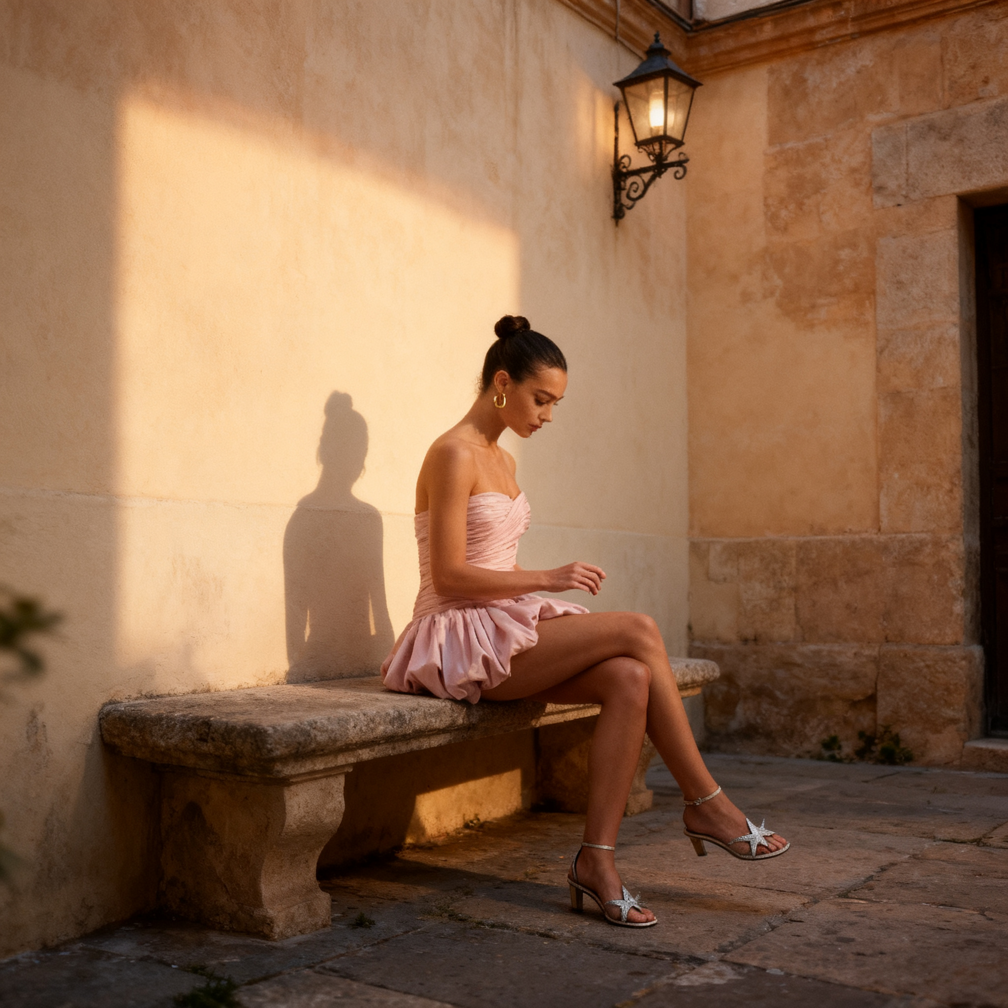 Alia Strapless Balloon Draped Mini Dress in pink, photographed in a Madrid courtyard at twilight