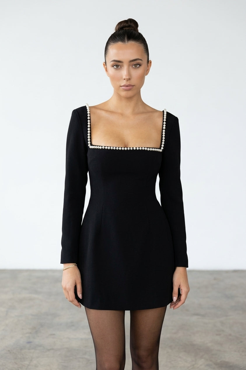 Angela Square Neck Pearl Mini Dress