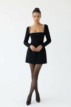 Angela Square Neck Pearl Mini Dress