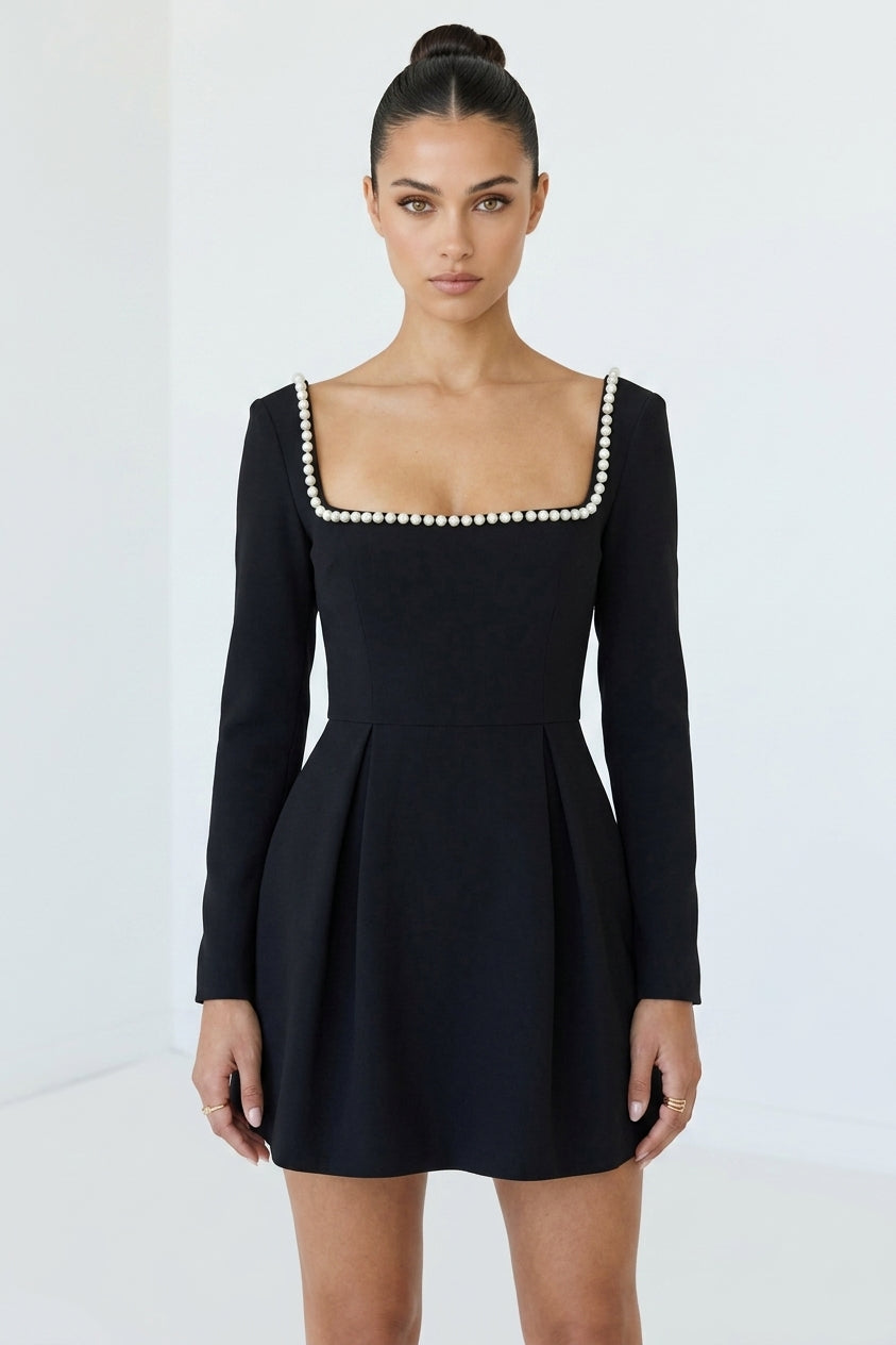 Angela Square Neck Pearl Mini Dress