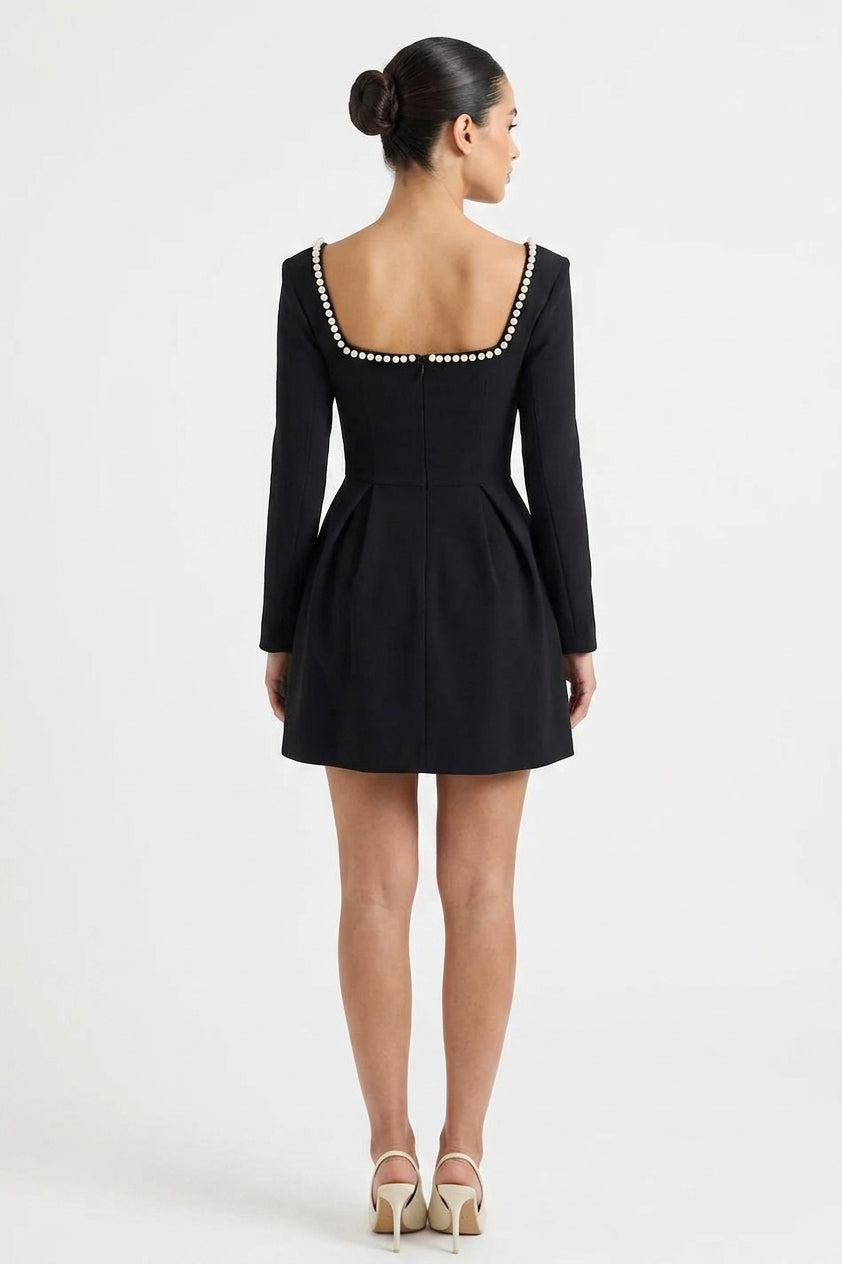 Angela Square Neck Pearl Mini Dress