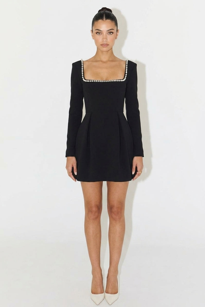 Angela Square Neck Pearl Mini Dress