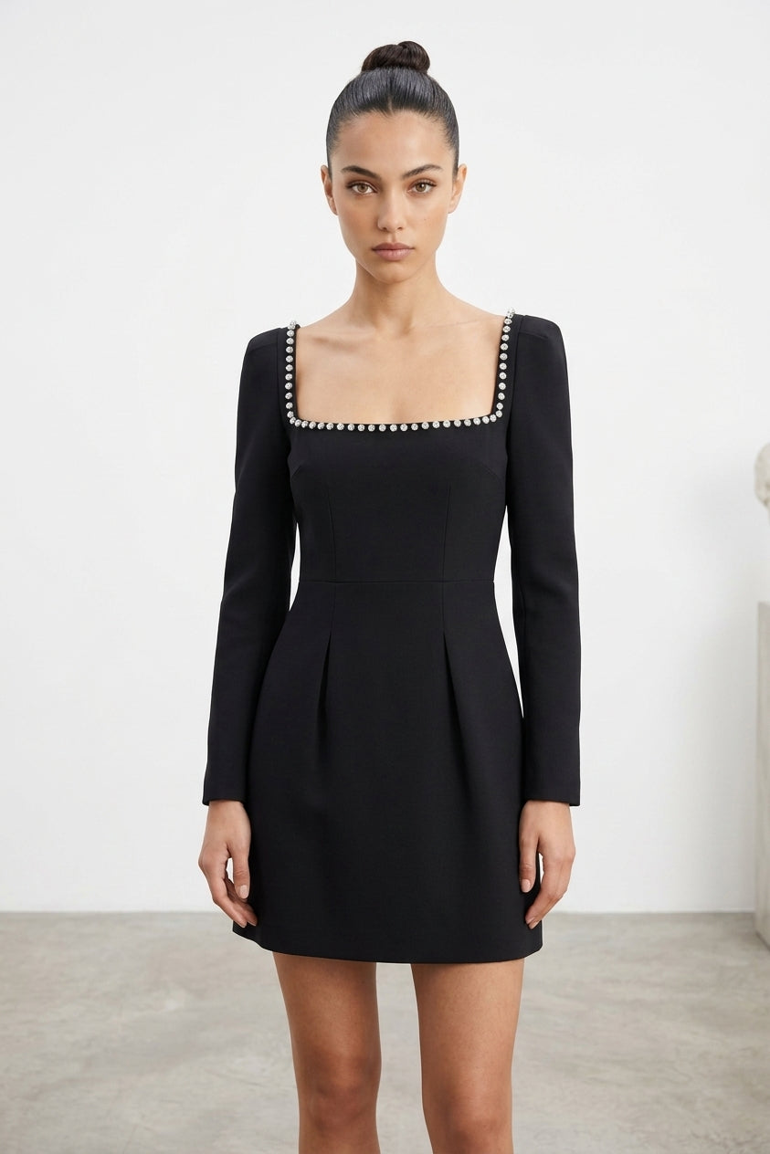 Angela Square Neck Pearl Mini Dress