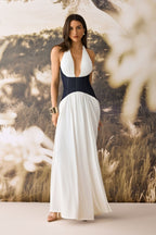 Sylvia Deep V Neck Denim Corset Maxi Dress — VELOU