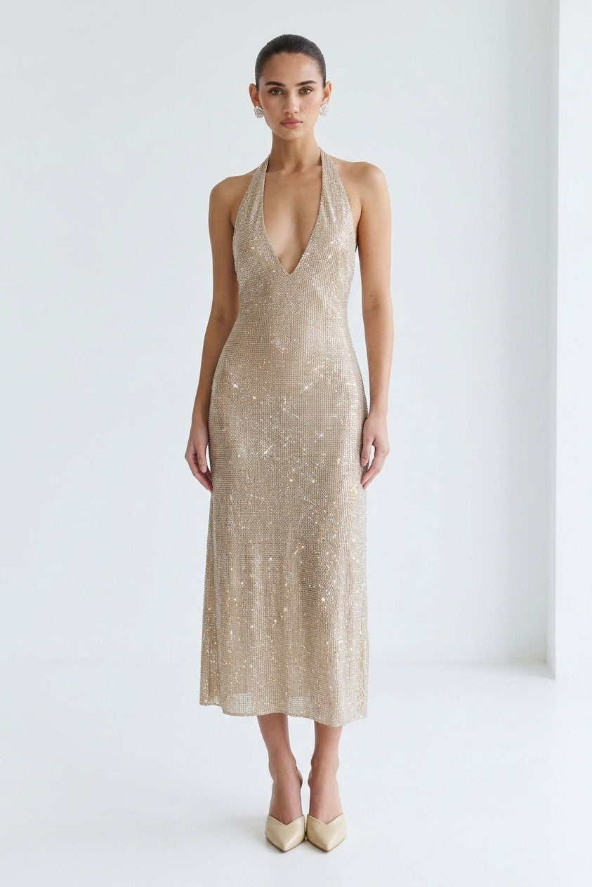Beverly Diamond Halter Neck Midi Dress