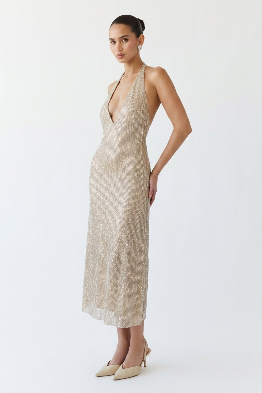 Beverly Diamond Halter Neck Midi Dress