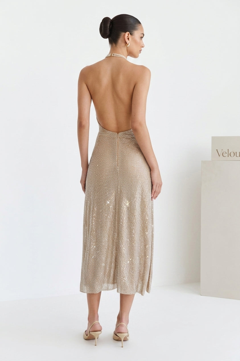 Beverly Diamond Halter Neck Midi Dress