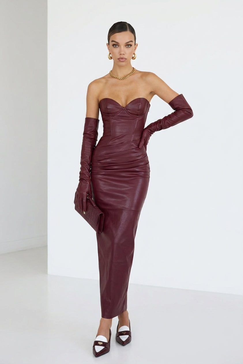 Denise Strapless Ruched Faux Leather Maxi Dress