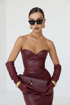 Denise Strapless Ruched Faux Leather Maxi Dress
