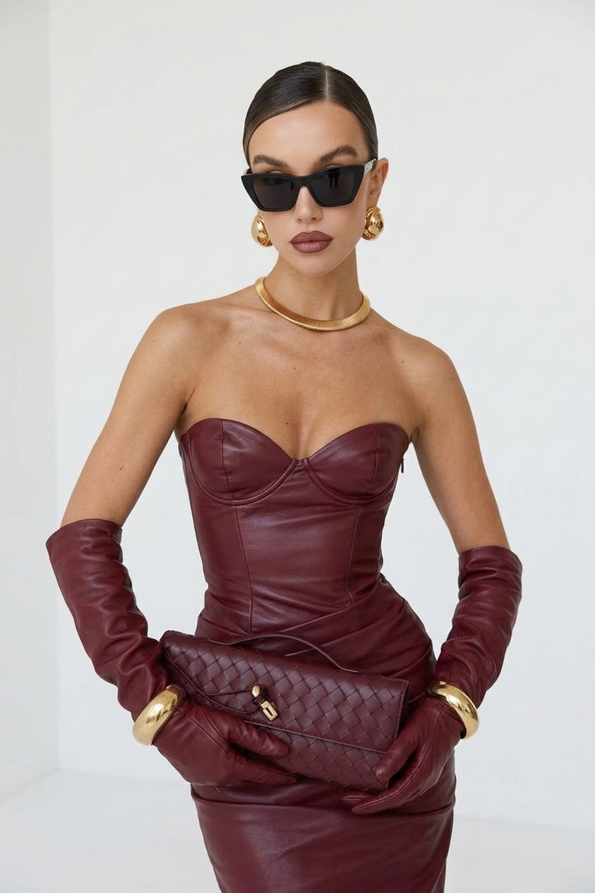 Denise Strapless Ruched Faux Leather Maxi Dress