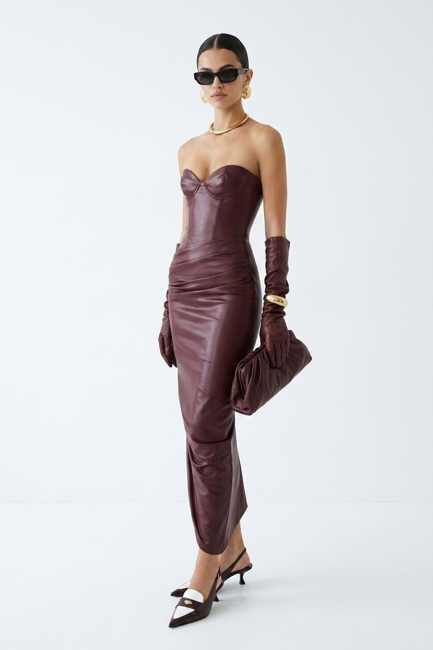Denise Strapless Ruched Faux Leather Maxi Dress