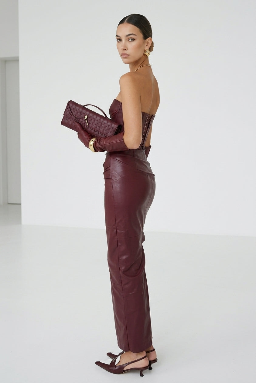 Denise Strapless Ruched Faux Leather Maxi Dress