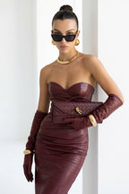 Denise Strapless Ruched Faux Leather Maxi Dress