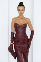 Denise Strapless Ruched Faux Leather Maxi Dress