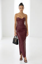 Denise Strapless Ruched Faux Leather Maxi Dress