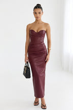 Denise Strapless Ruched Faux Leather Maxi Dress