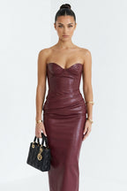 Denise Strapless Ruched Faux Leather Maxi Dress
