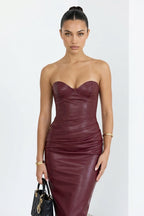 Denise Strapless Ruched Faux Leather Maxi Dress