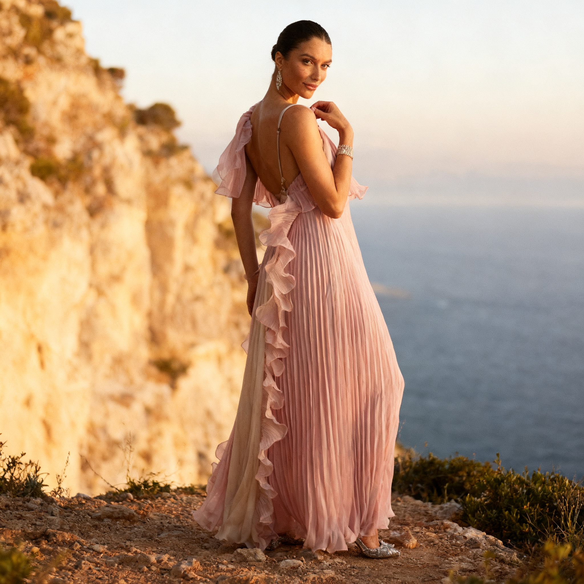 Élodie Pleated One-Shoulder Maxi Dress in blush, Mediterranean cliffside golden hour