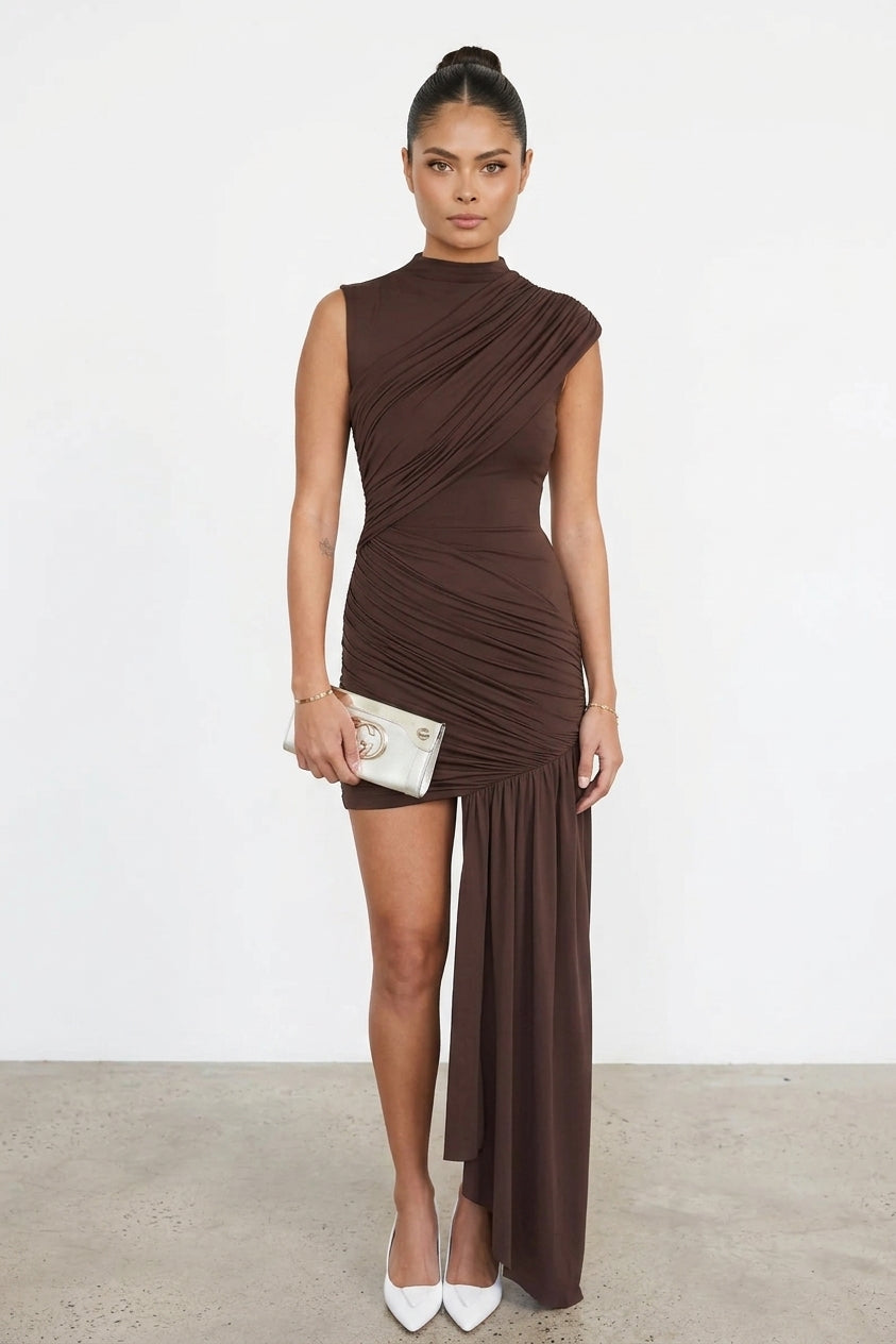 Jenna High Neck Ruched Draped Mini Dress