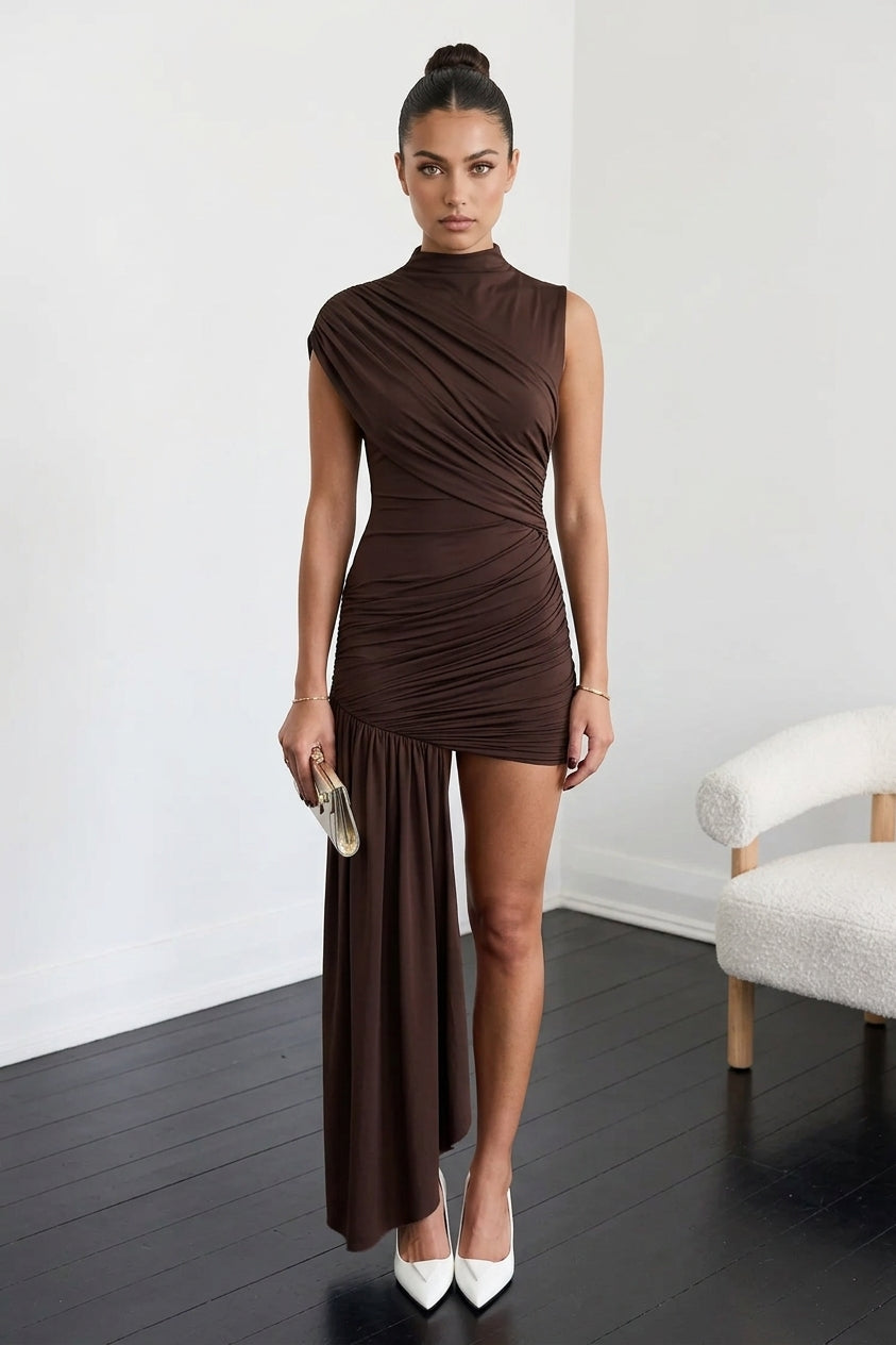 Jenna High Neck Ruched Draped Mini Dress