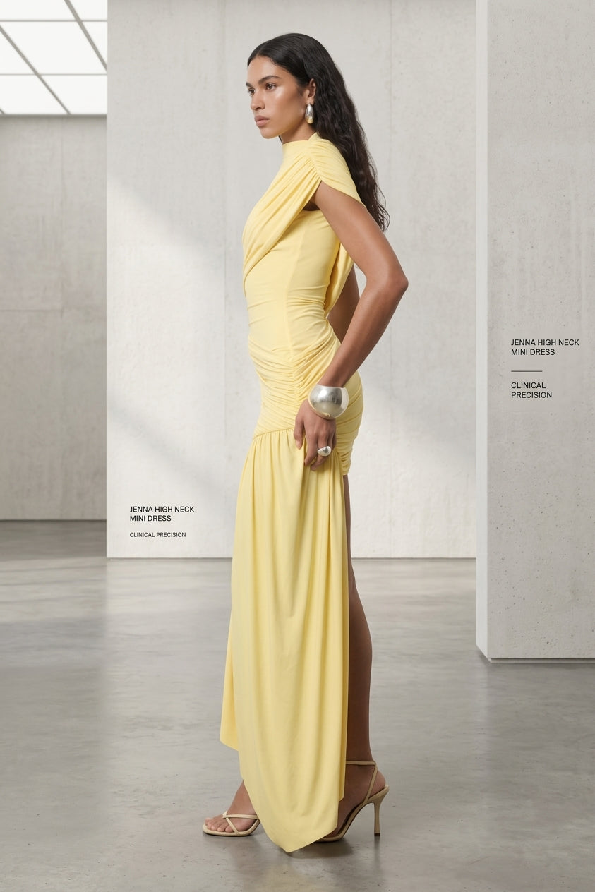 Jenna High Neck Ruched Draped Mini Dress