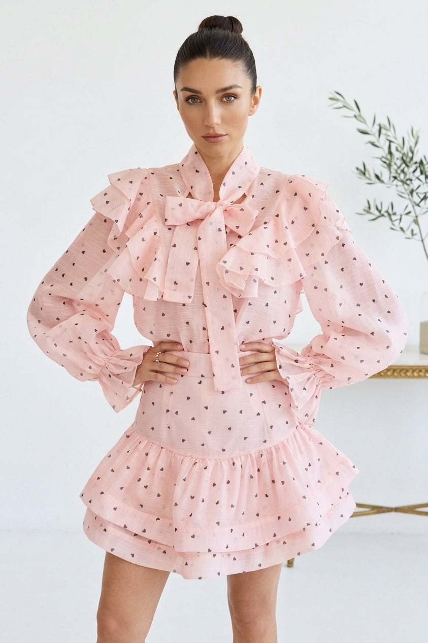 Juliana Heart Print Ruffle Blouse & Mini Skirt Set