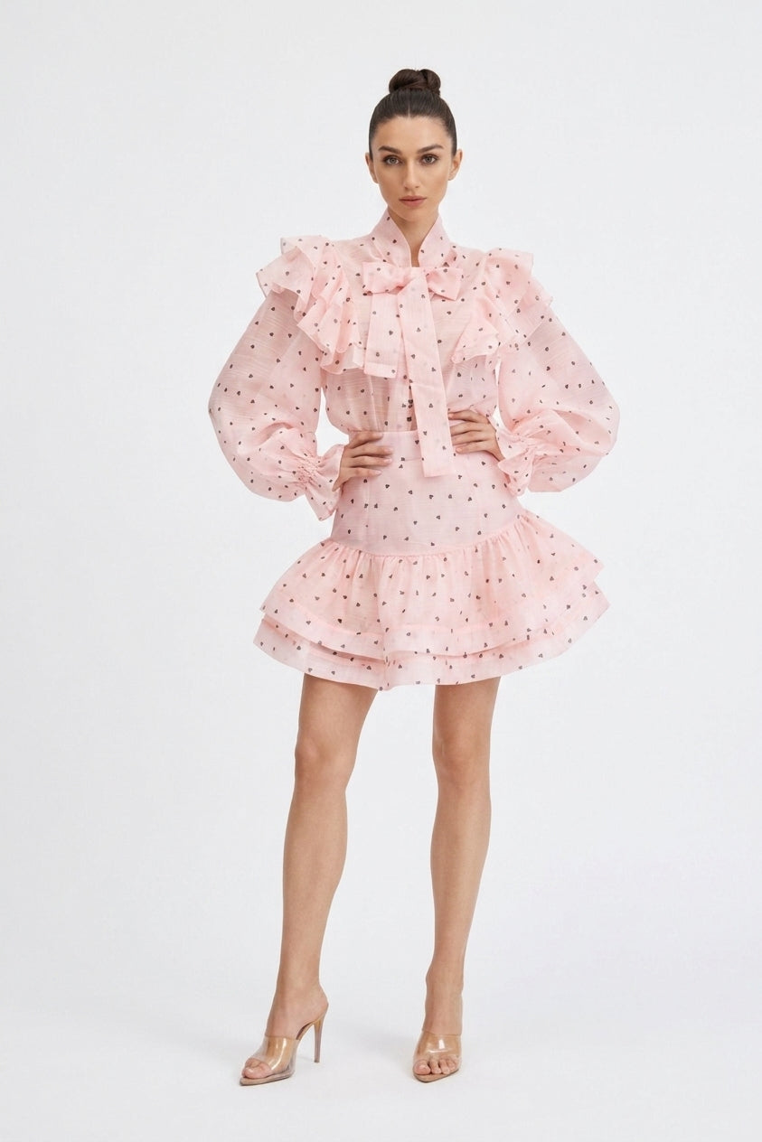 Juliana Heart Print Ruffle Blouse & Mini Skirt Set