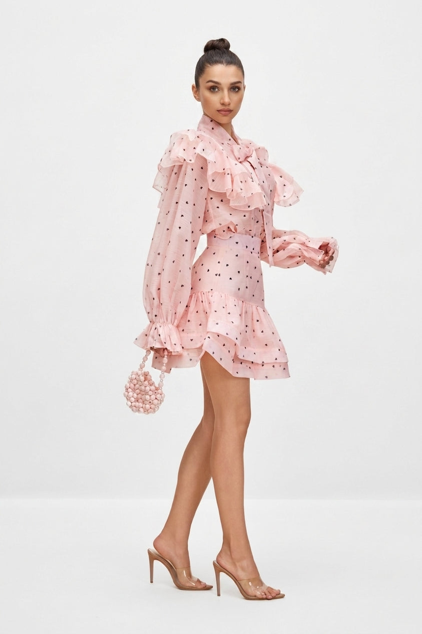 Juliana Heart Print Ruffle Blouse & Mini Skirt Set