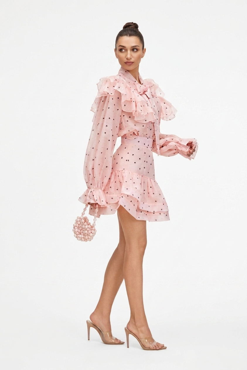 Juliana Heart Print Ruffle Mini Dress
