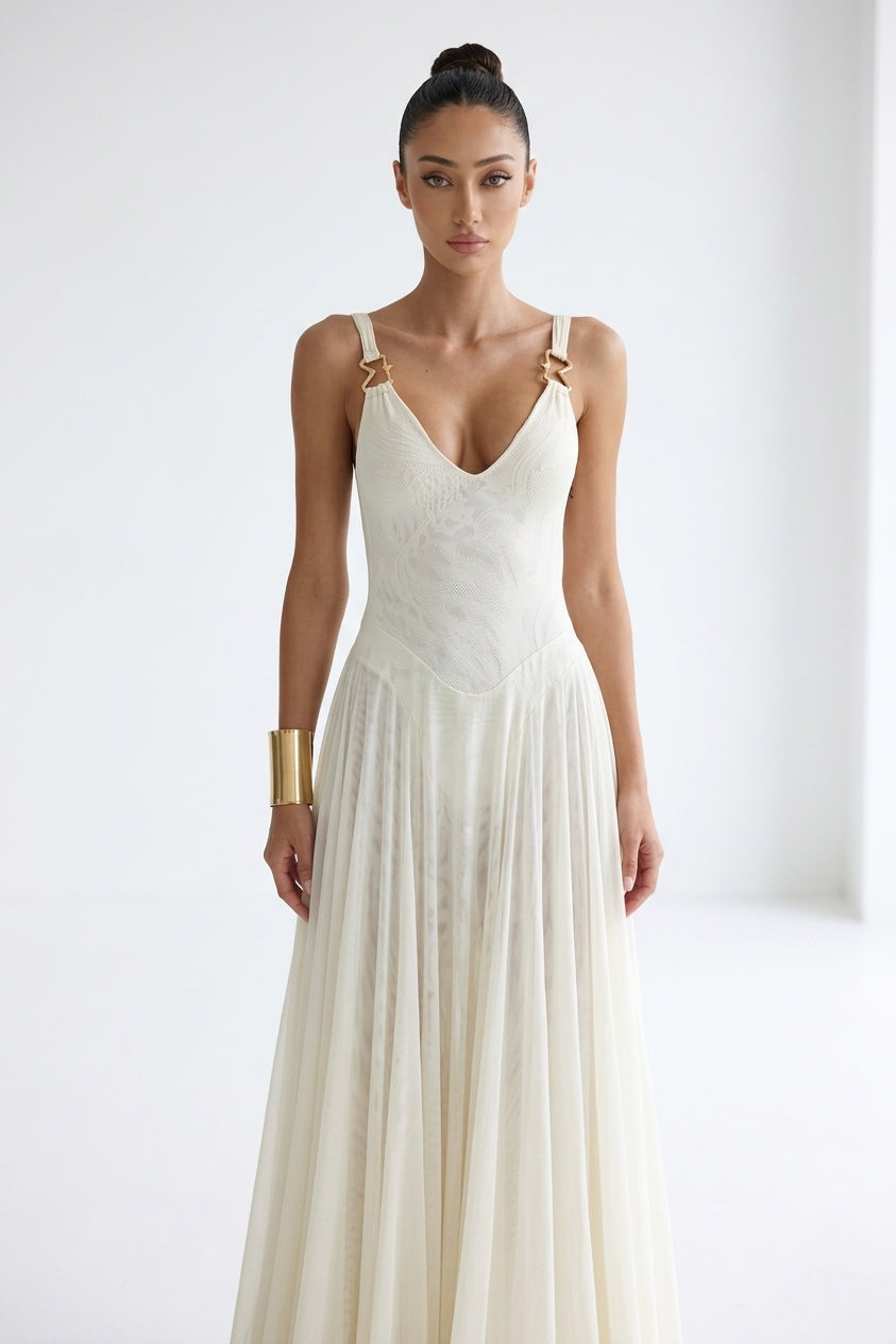 Julie Plunge Neck Semi-sheer Mesh Maxi Dress