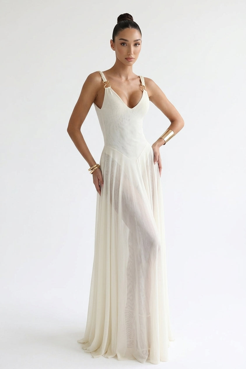 Julie Plunge Neck Semi-sheer Mesh Maxi Dress