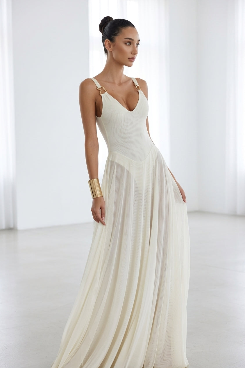Julie Plunge Neck Semi-sheer Mesh Maxi Dress