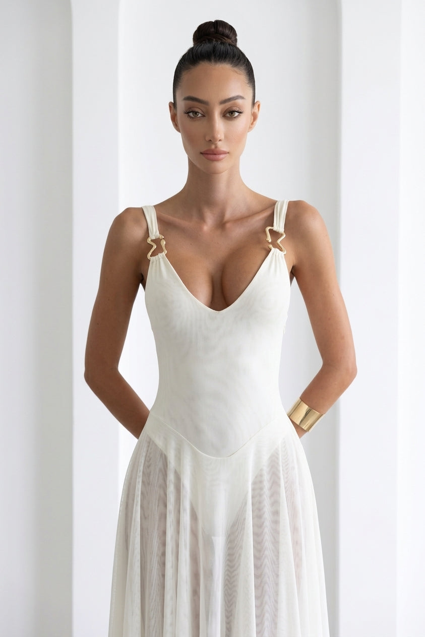 Julie Plunge Neck Semi-sheer Mesh Maxi Dress