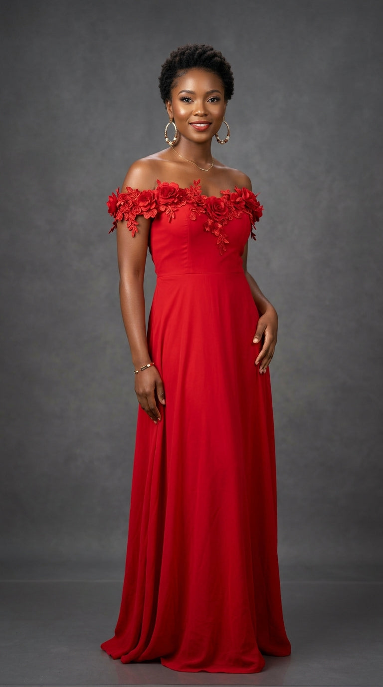 Regina Off Shoulder Rosette Detail Maxi Dress