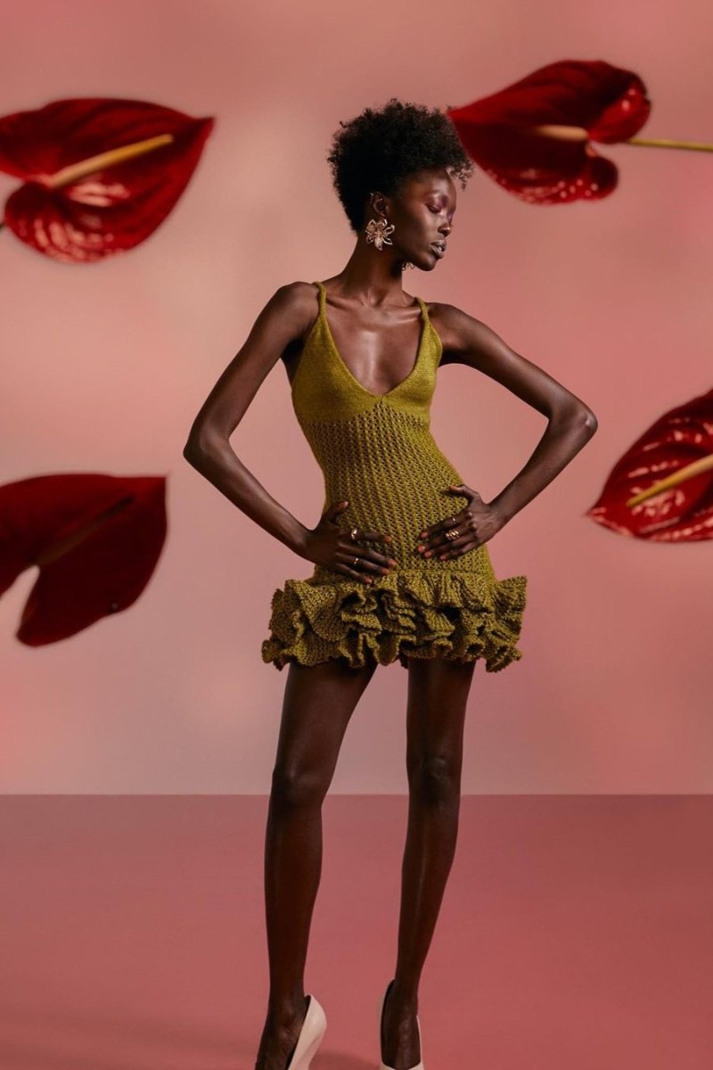 Sara V-neck Ruffle Hem Knit Mini Dress — VELOU